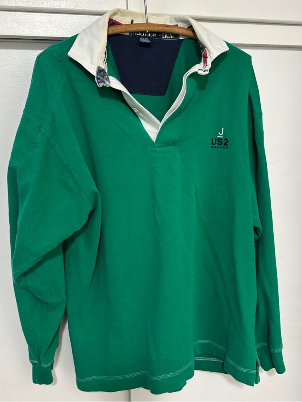 Vintage Nautica US-2 Green Rugby Polo with White Collar